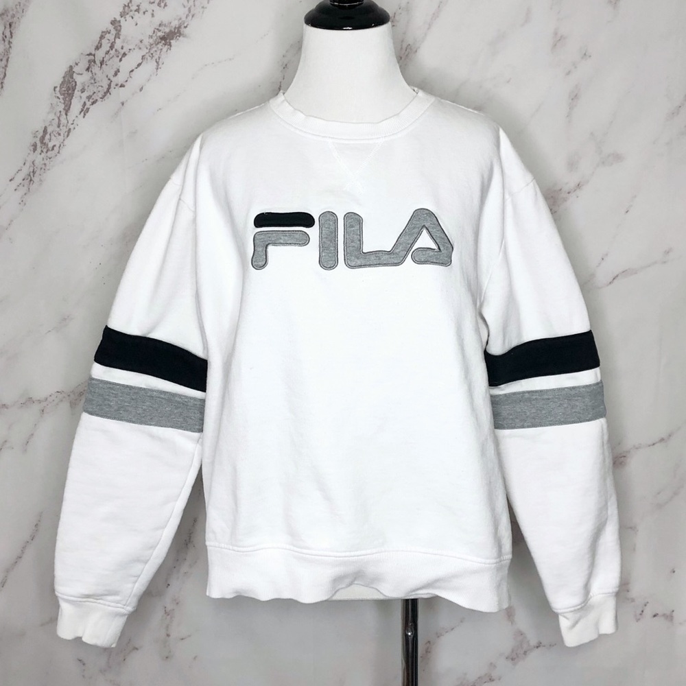 Vintage 90's Fila White Black Gray Spellout Striped Sweatshirt XL